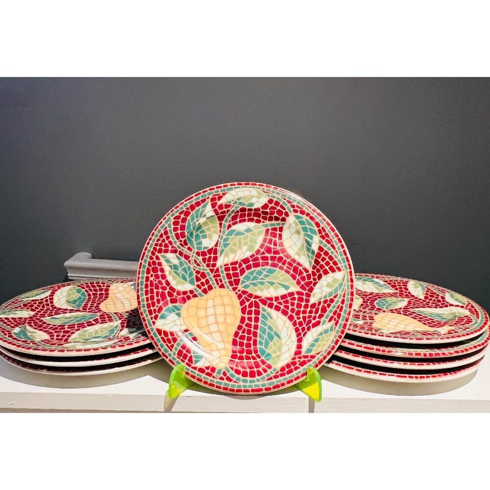 Pier 1 Mosaic Fruit Salad Plates|Set of 4|Made in Italy8.25" Round|Fruit Pattern